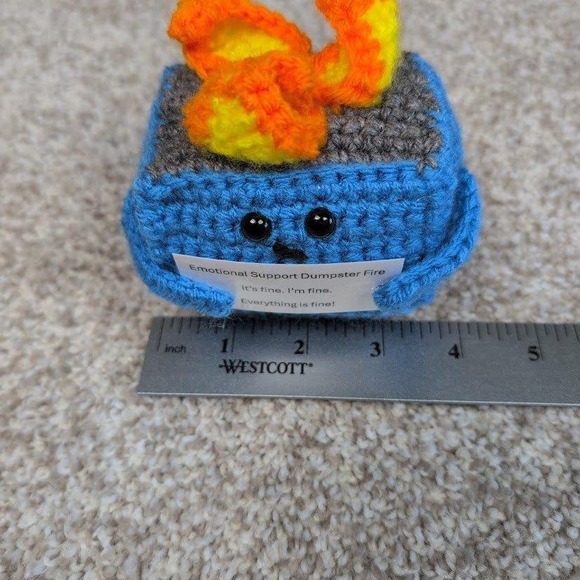 Blue Emotional Support Dumpster Fire Crochet Plush Toy Funny Gift Desk Decor - Picture 8 of 10
